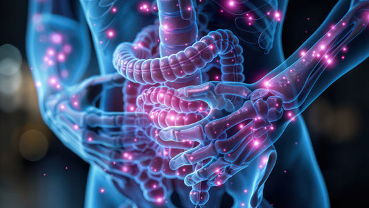 How Long Do Vitamins Stay in Your System? - A Complete Guide. A hologram of a human intestine glows with tiny pink orbs symbolizing vitamins and nutrients circulating around the body.