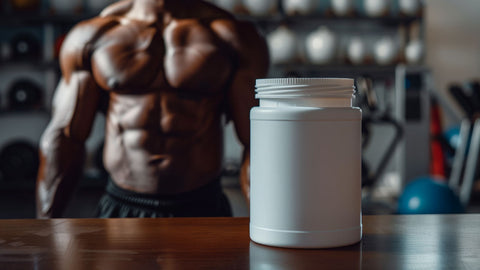 Beta-Alanine Dosage for Bodybuilding: How Much Do You Need? A shirtless bodybuilder in the background. In the foreground is a sports nutrition supplement tub.
