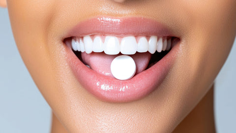 A close up of a woman's smiling mouth with healthy teeth and gums. She is resting a round white tablet on her tongue. Image depicts calcium supplements for teeth.