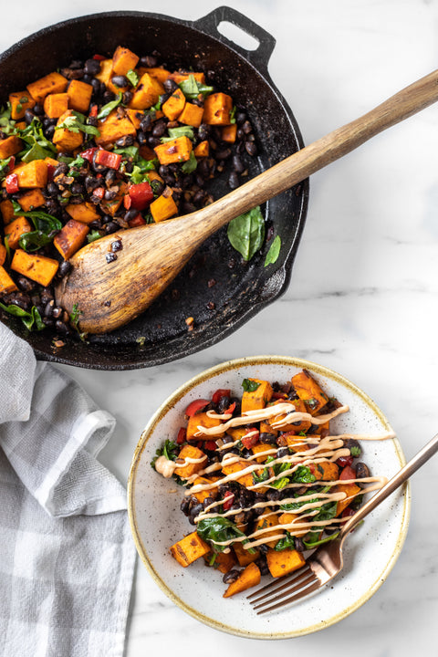 Skillet with sweet potato hash in and serving 