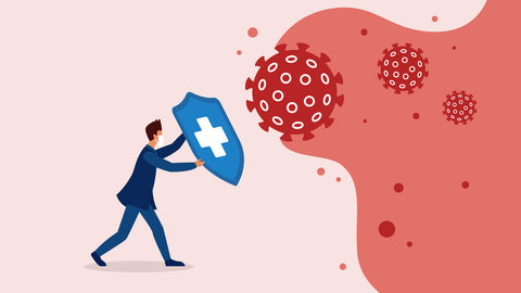 Glutathione vs Astaxanthin: Which One Is Best for Immunity? An illustration of people wearing facemasks holding up a shield as bacteria and viruses attack on the outside.