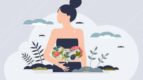 Gut Health and Weight Loss: How Your Gut Bacteria Can Influence Your Weight Illustration of a woman with hand on her stomach. In place of her stomach is a hert shape filled with gut friendly foods