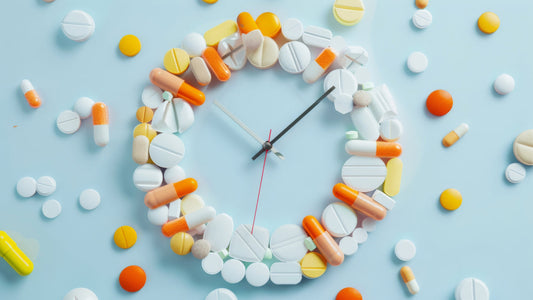 How Long Does It Take For B12 To Work? A clock face made up of vitamin tablets and capsules against a blue background