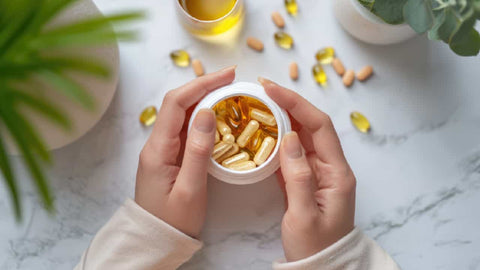 Female with hands around a supplement bottle of capsules containing 'vitamin c omega 3