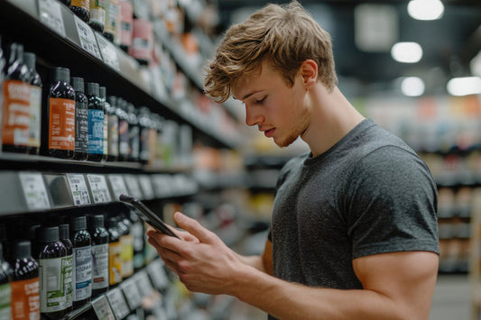 A young man uses a smartphone to compare other magnesium supplements and find the right type for the health benefits he needs. 