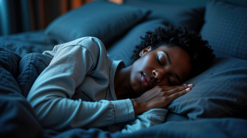 A woman sleeps peacefully in a softly lit bedroom. The scene evokes a calm, restful atmosphere—supporting the theme of magnesium taurate vs glycinate for relaxation, stress reduction, and improved sleep quality.