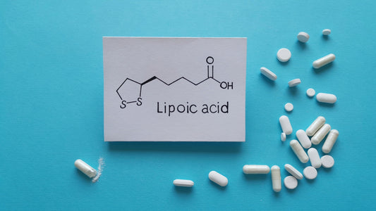R-Lipoic Acid vs Alpha-Lipoic Acid: Which Is Better? A card showing the chemical structure of lipoic acid is surrounded by ALA capsules, caplets and tablets.