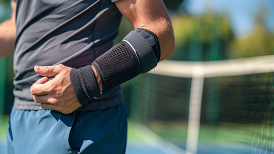 Reclaim Your Mobility: Best Supplements for Tendonitis 2024. A man's arm and elbow joint is in a brace. He is on a tennis court.