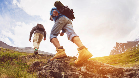 The Ultimate Guide to Transforming Your Body with Steady State Cardio. Image shows the back view of two hikers in a rugged landscape. Hiking is a form of steady state cardio.