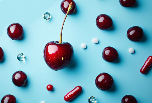 Tart cherry dietary supplements benefits and uses: A red cherry on a blue background surrounded by red and white pills