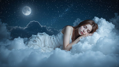 Best magnesium for sleep. A woman sleeps peacefully on a cloud, with the moon and night sky behind her