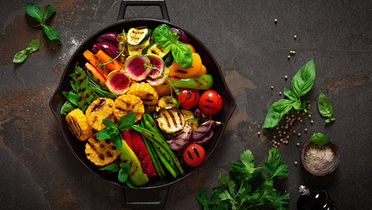 Collagen vegetarian diet 101. Grilled mixed vegetables in a skillet.
