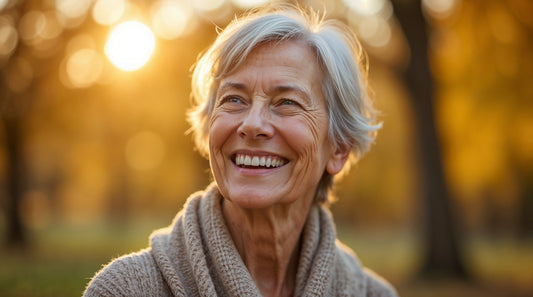 Best multivitamin for women over 70. An older woman smiles with trees and the sun behind her