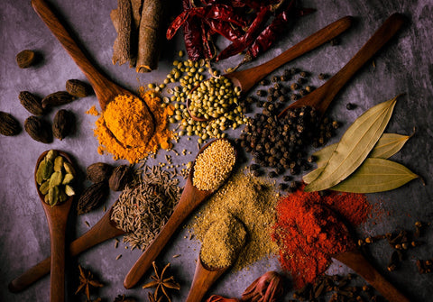 Choosing the best spice for anti-inflammatory support. Assorted spices on wooden spoons.