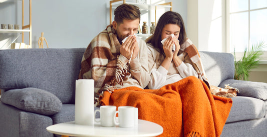 Zinc and the immune system. A couple sit on the couch, under blankets, sneezing