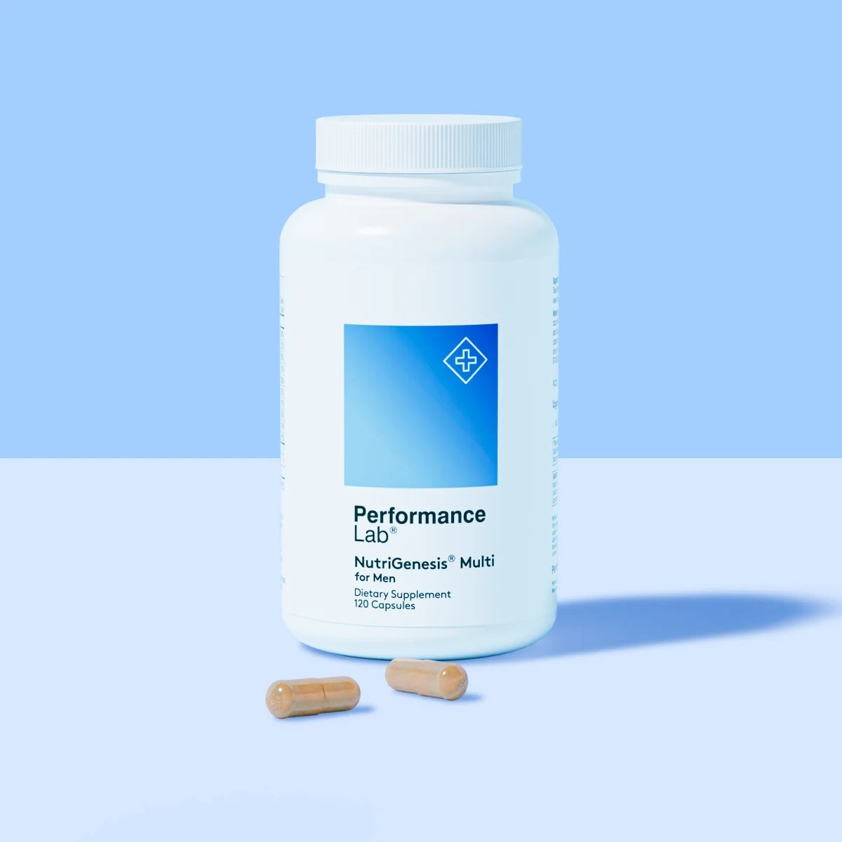 Performance Lab NutriGenesis Multi for Men supplement bottle with two capsules.